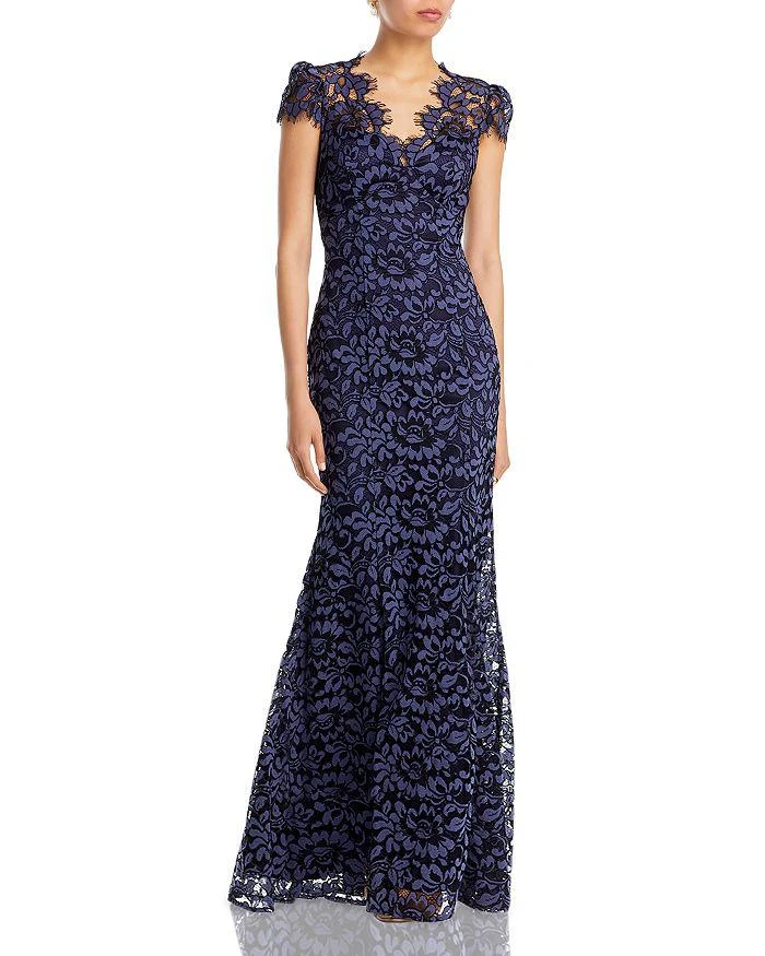 Eliza J Scalloped-Edge Lace Gown - Exclusive - Navy - 0