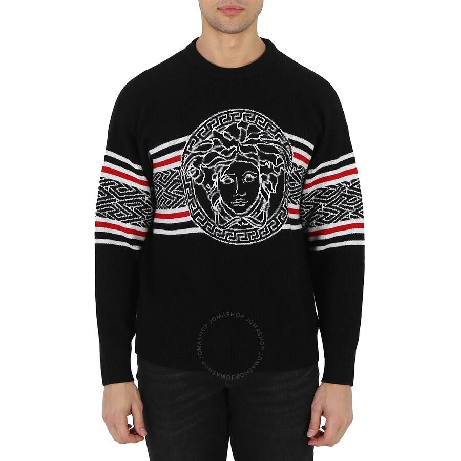 Versace Black Virgin Wool Medusa Striped Jacquard Sweater 1