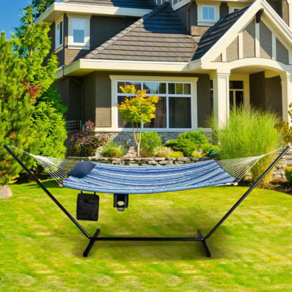 Hivvago Hammock Chair Stand Set Cotton Swing with Pillow Cup Holder Indoor Outdoor