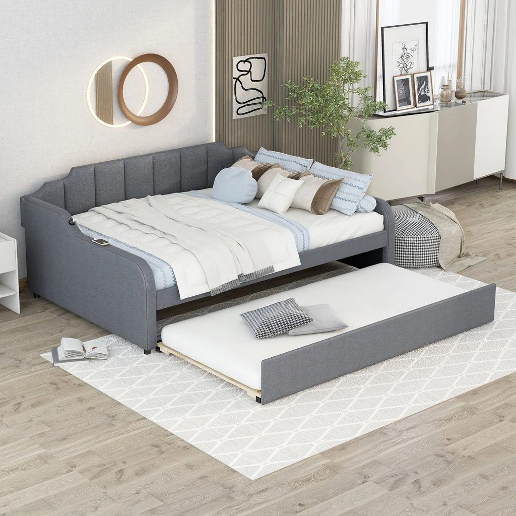 Streamdale Furniture Streamdale Full Size Upholstery Daybed With Trundle And USB Charging Design 4