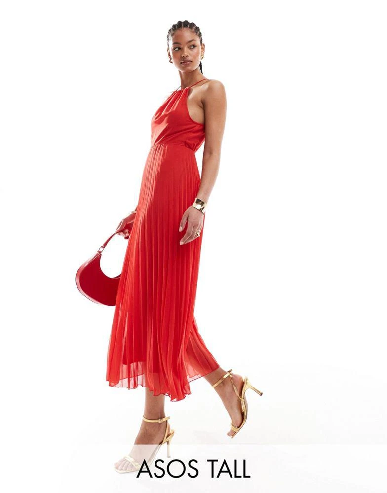 ASOS ASOS DESIGN Tall pleated chiffon midi dress with halter neck in red 1
