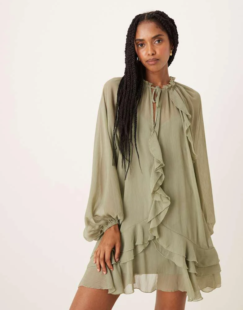 Glamorous boho ruffle chiffon mini dress in sage green