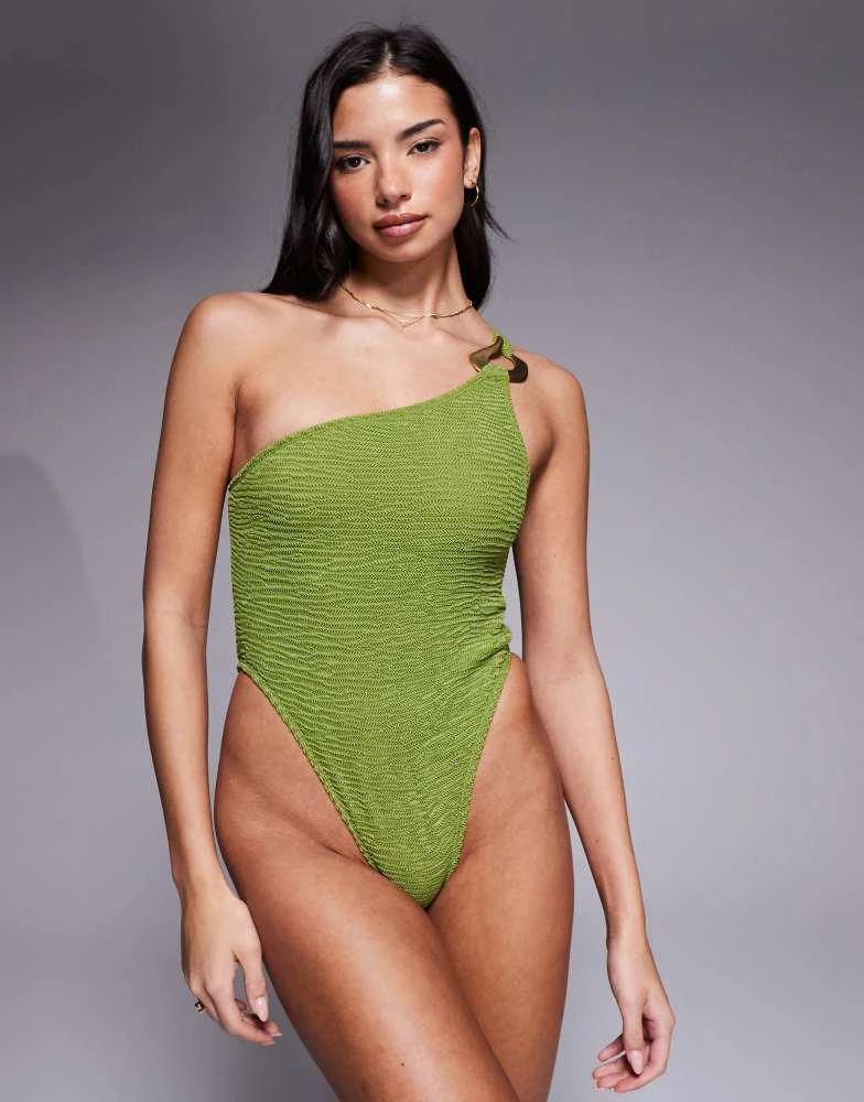 ASOS ASOS DESIGN Oceana asymmetric swimsuit with molten hardware detail in green