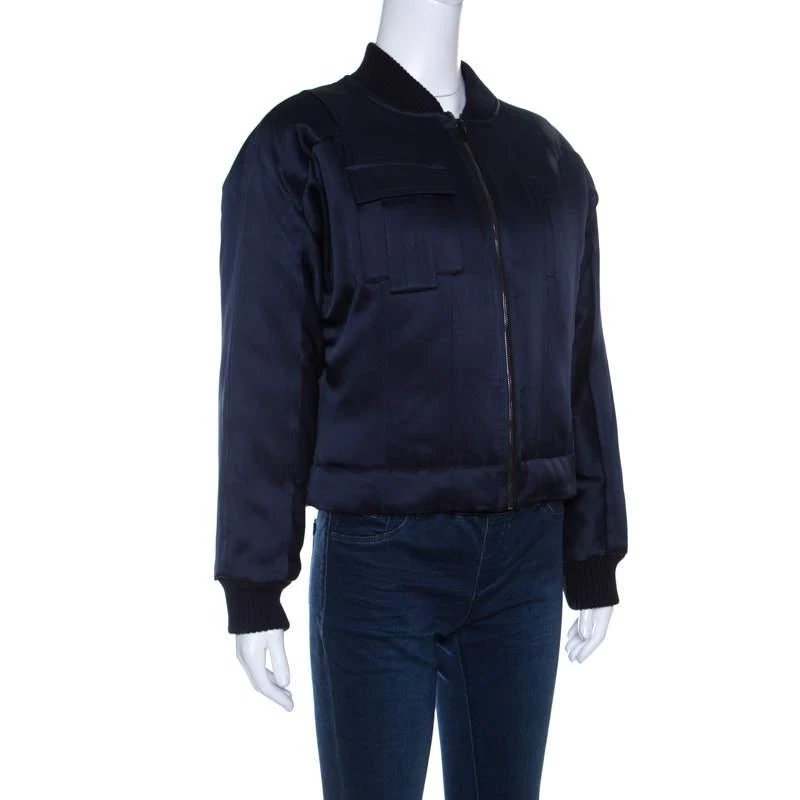 Diane von Furstenberg Diane Von Furstenberg Navy Blue Satin Alexander Bomber Jacket S 2