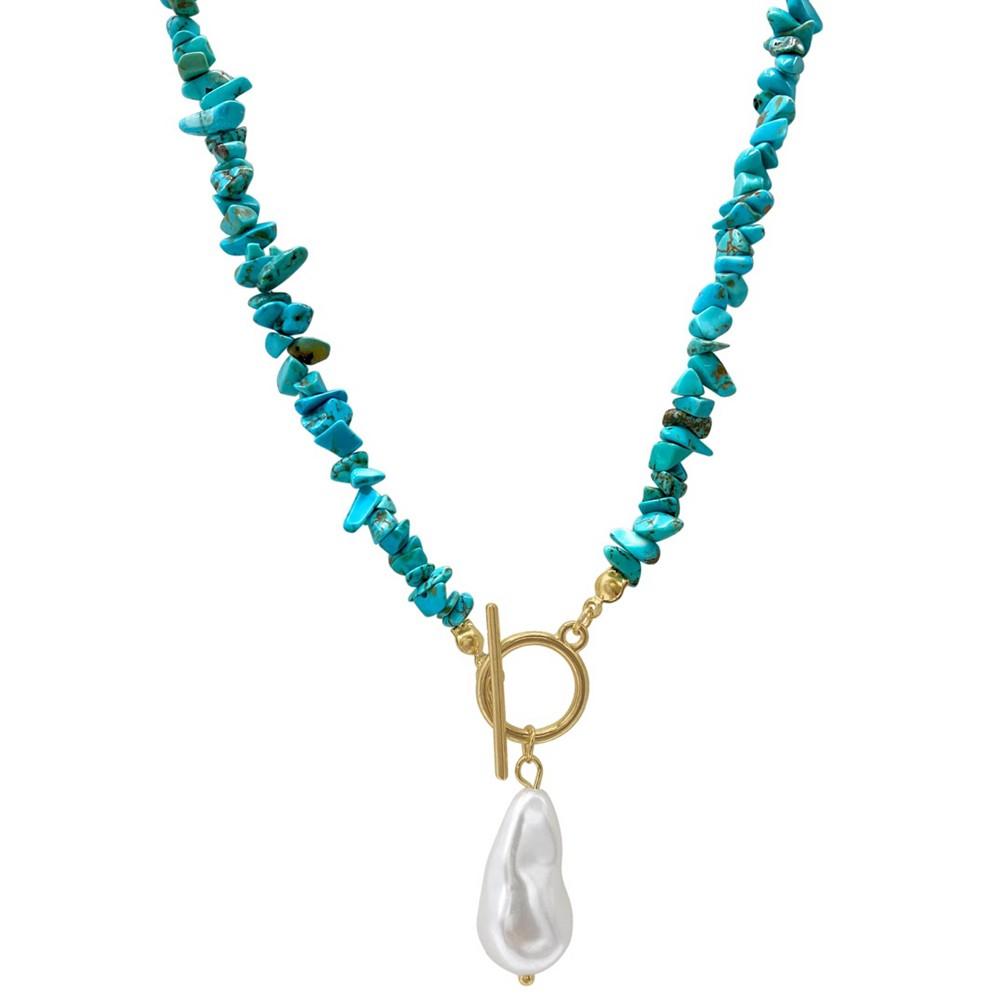 ADORNIA 17" Multi Shape Faux Turquoise Stone Toggle 14K Gold Plated Necklace with Imitation Pearl Pendant