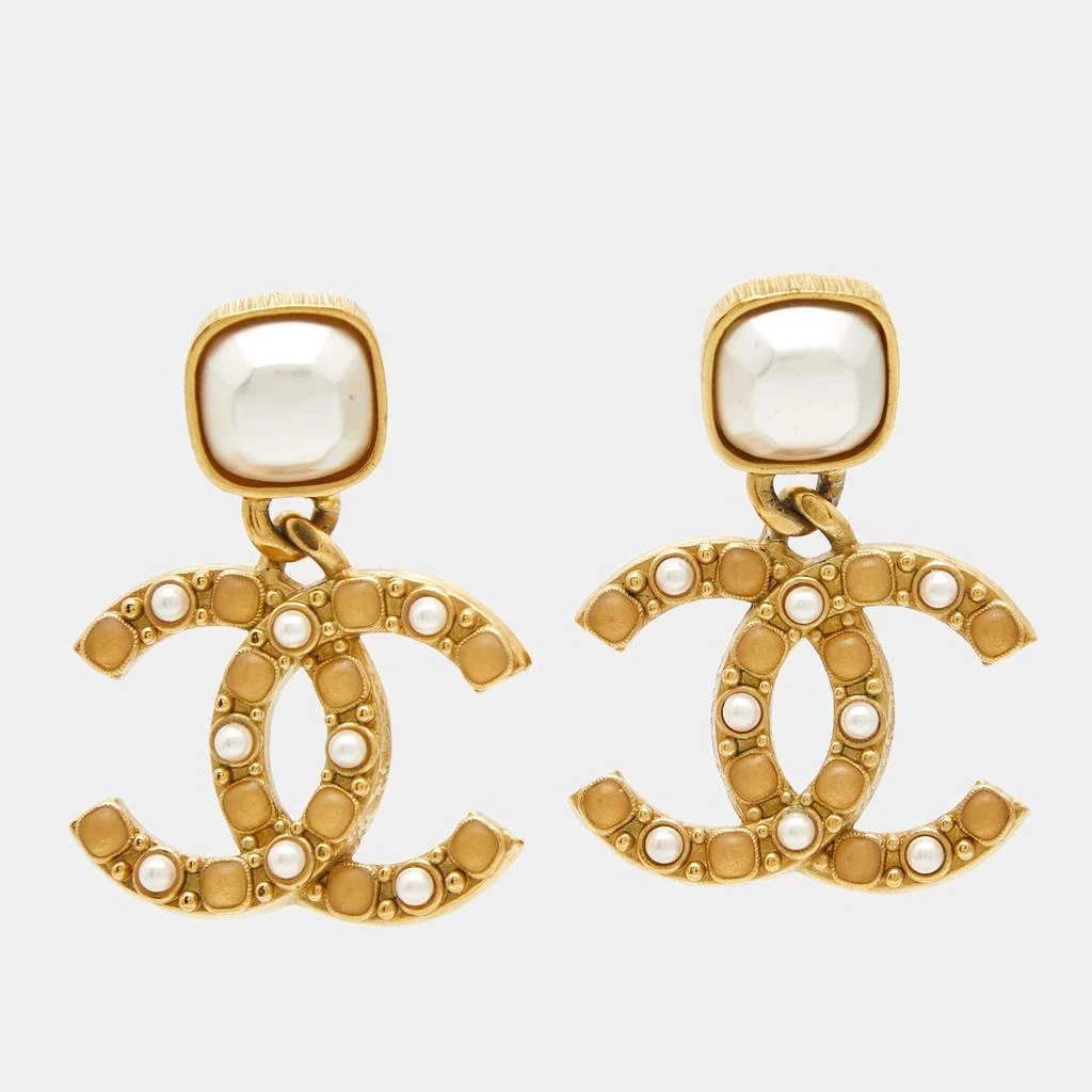 Chanel Chanel CC Faux Pearl Resin Gold Drop Earrings 1