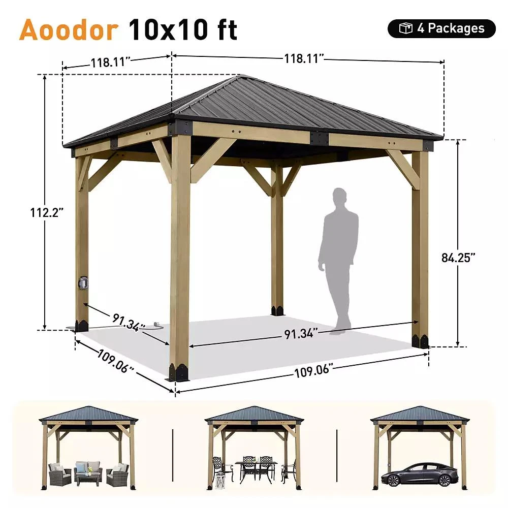 Aoodor 10 x 10 ft Wooden Frame Gazebo with Galvanized Metal Hardtop Roof, Outdoor Patio Gazebo with Charging Socket 8