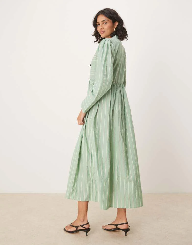Ghospell bow details midi dress in green and White stripes Ghospell bow details midi dress in green and White stripes