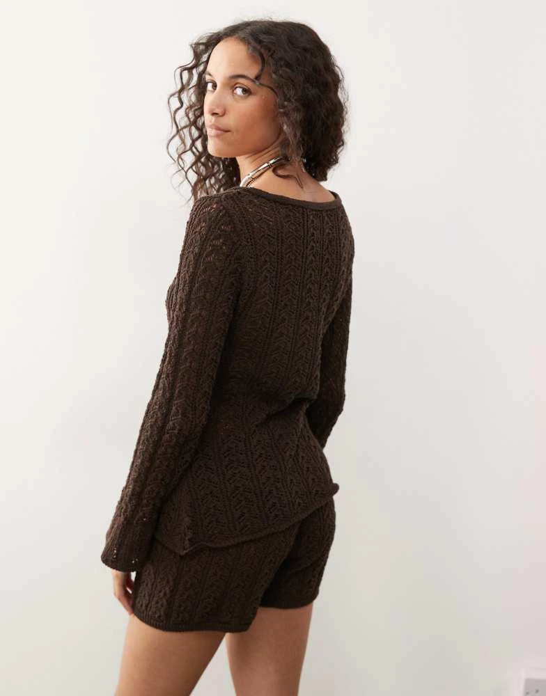 Reclaimed Vintage Reclaimed Vintage crochet button detail split front festival top co-ord in chocolate brown 4