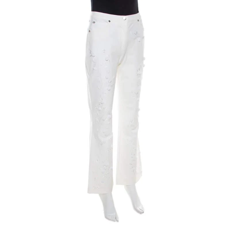 Escada Escada White Cotton Denim Sequined Rosette Applique Flared Jeans M 2