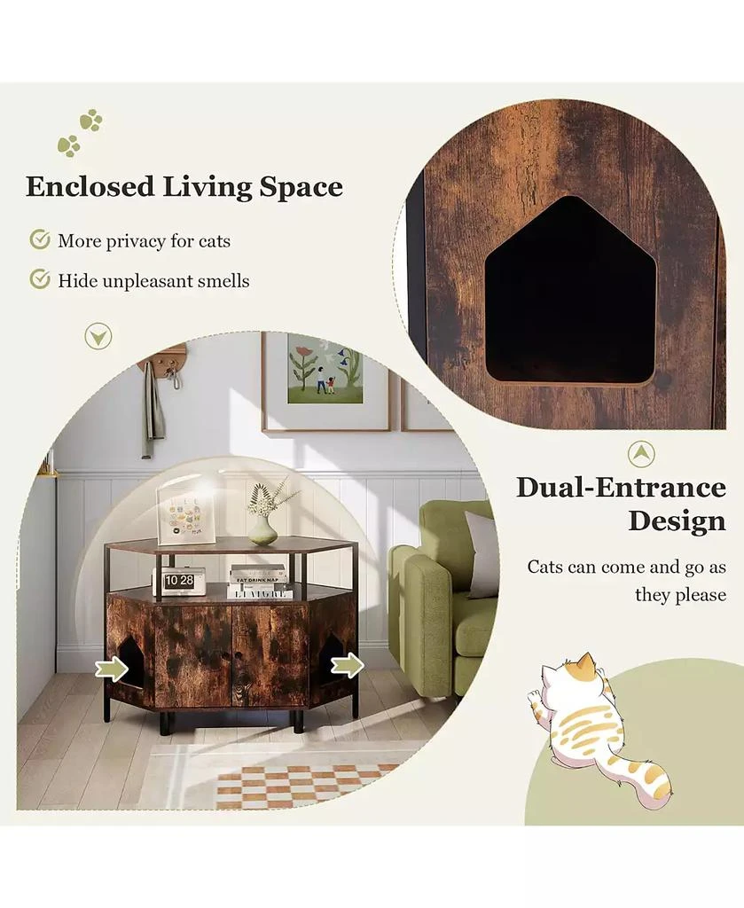 Gymax Corner Cat Litter Box Enclosure End Table w/ Open Shelf 2 Entries Double Doors 7