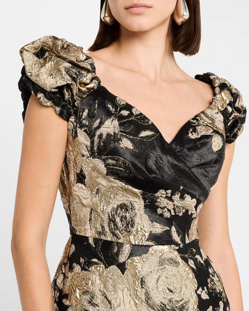 Teri Jon Cap-Sleeve Floral Metallic Jacquard Gown 5