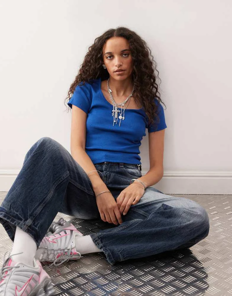 COLLUSION COLLUSION ribbed short sleeve square neck top in cobalt blue