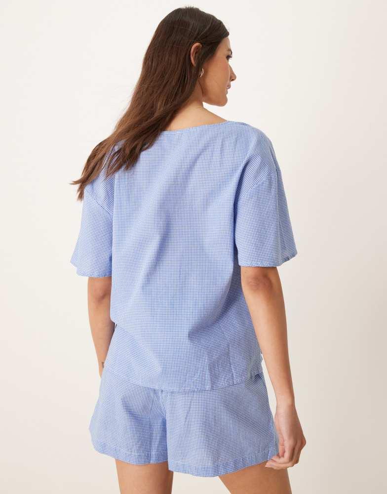 Luna Luna short sleeve tie front top pyjama co ord in blue gingham