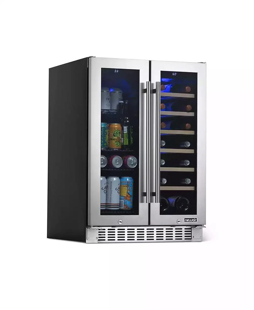 Newair 24 Inch Premium Built-in Dual Zone 20 Bottle and 60 Can French Door Wine and Beverage Fridge in Stainless Steel with SplitShelf