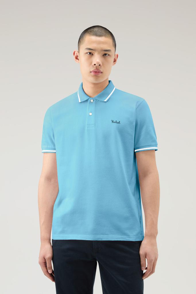 Woolrich Monterey Polo Shirt in Stretch Cotton Piquet with Striped Edges - Men - Blue