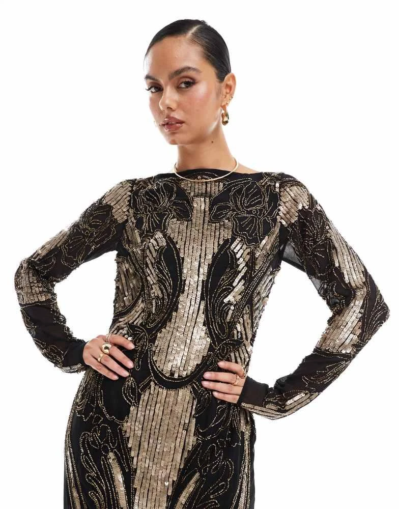 Shop ASOS DESIGN embellished sheer long sleeve column maxi dress with open  back in black and gold on Sale at BeyondStyle  Get 16% Off ASOS DESIGN  embellished sheer long sleeve column