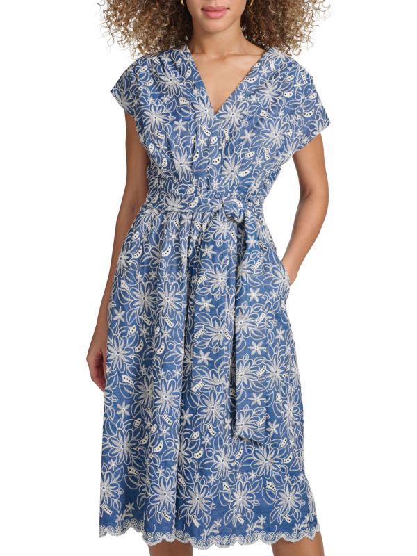 Kensie Kensie Faux-Wrap Embroidered Chambray Midi-Dress