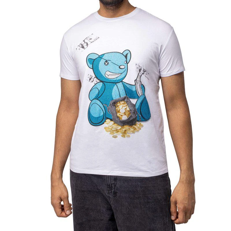 Heads Or Tails Slim Fit Crewneck Rhinestone Studded Graphic Printed T-Shirt Blue Bear With Money 1