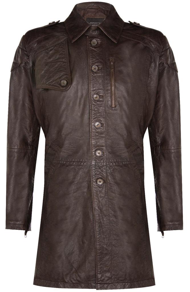 Infinity Leather Mens Soft Long Military Trench Distressed Leather Coat