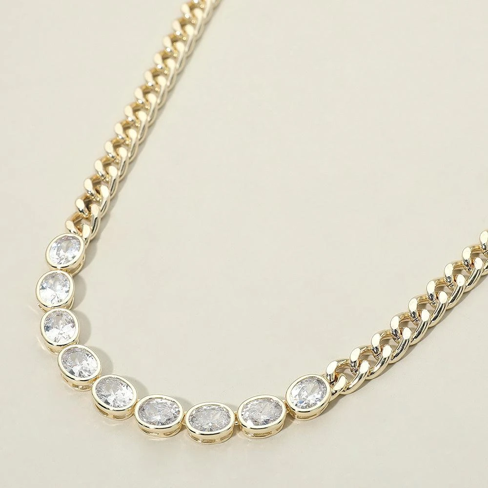 FASHNZFAB 14K Gold Plated Round CZ Bezel Link Curb Chain Necklace