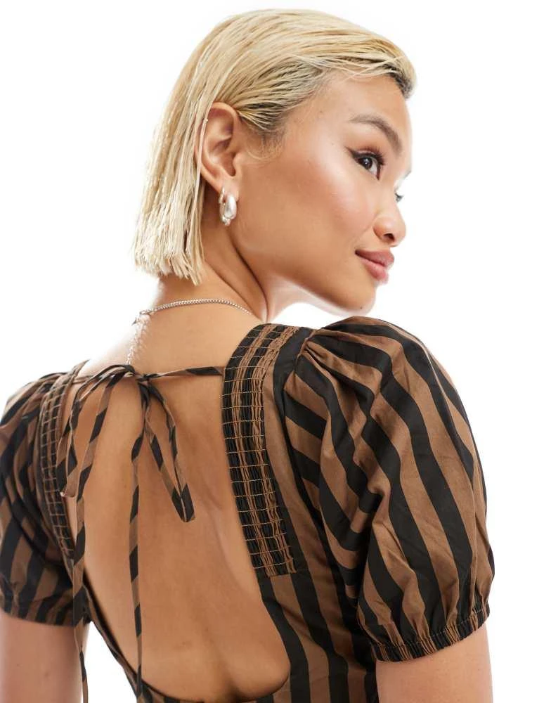 Glamorous Glamorous v neck puff sleeve romantic maxi dress in chocolate black stripe 3