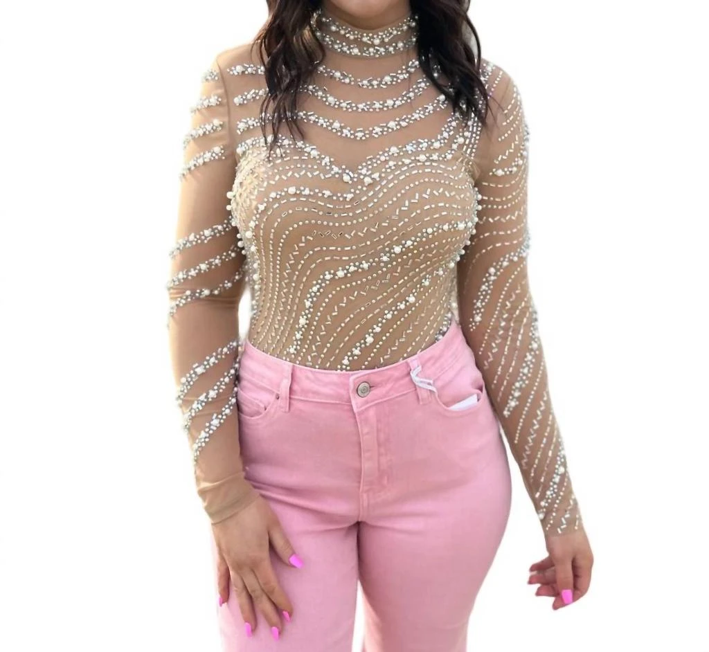 BANJUL Pretty Little Psycho Rhinestone/pearl Studded Bodysuit In Nude 1