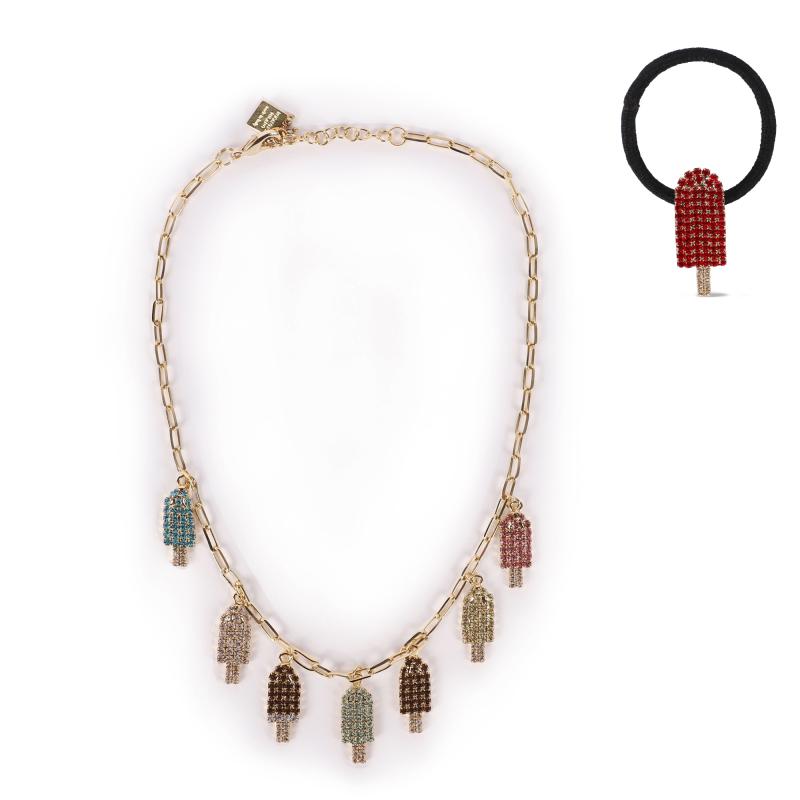 ROSANTICA Gelateria crystals detailing colorful necklace and hair scrunchy set