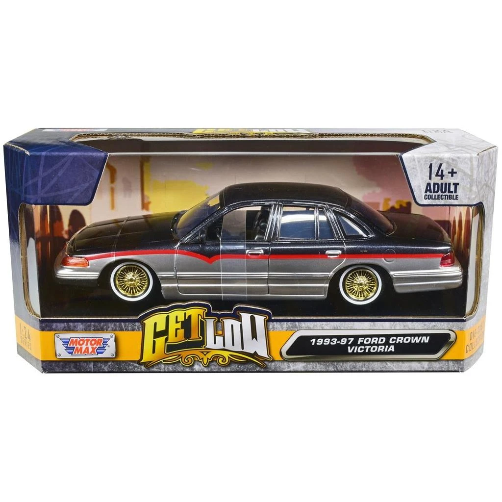 Motormax 1993-1997 Ford Crown Victoria Lowrider Black Metallic & Silver with Red Stripes Get Low Series 1-24 Diecast Model Car 1