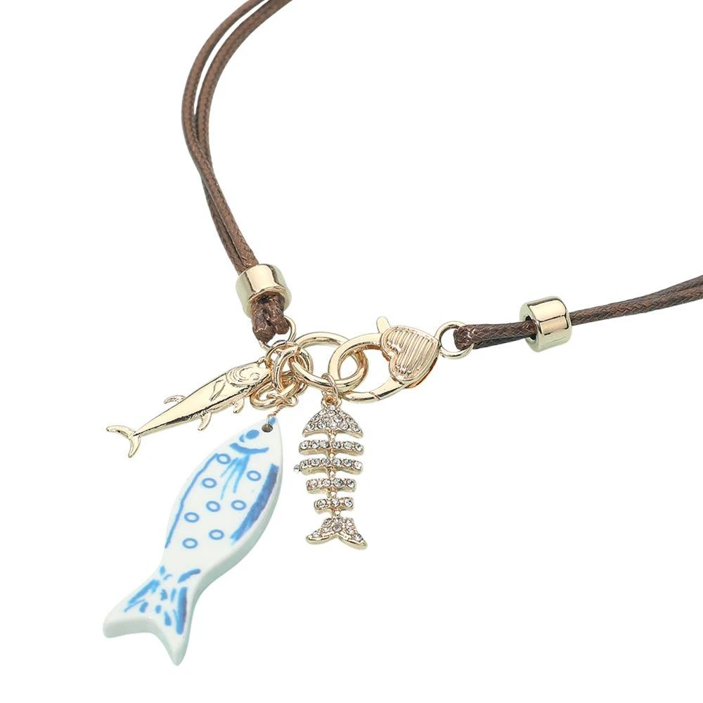 FASHNZFAB Ocean Fish Charms Layered Waxed Cord Necklace 2