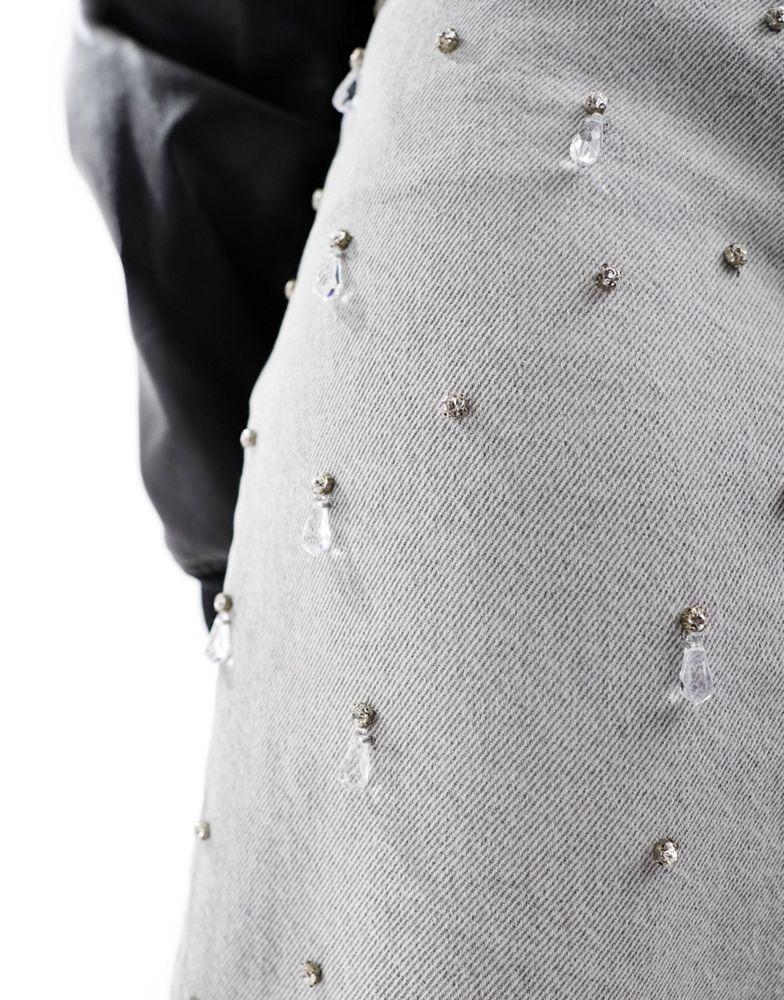 River Island River Island embellished denim maxi skirt in light grey
