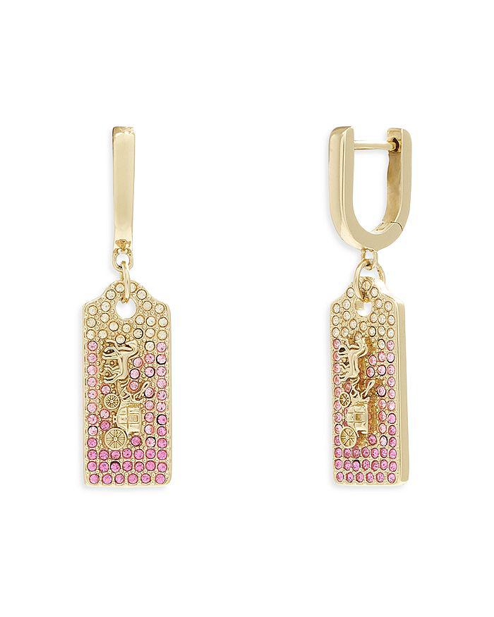 COACH Signature Pavé Logo Tag Charm Huggie Hoop Earrings in Gold Tone