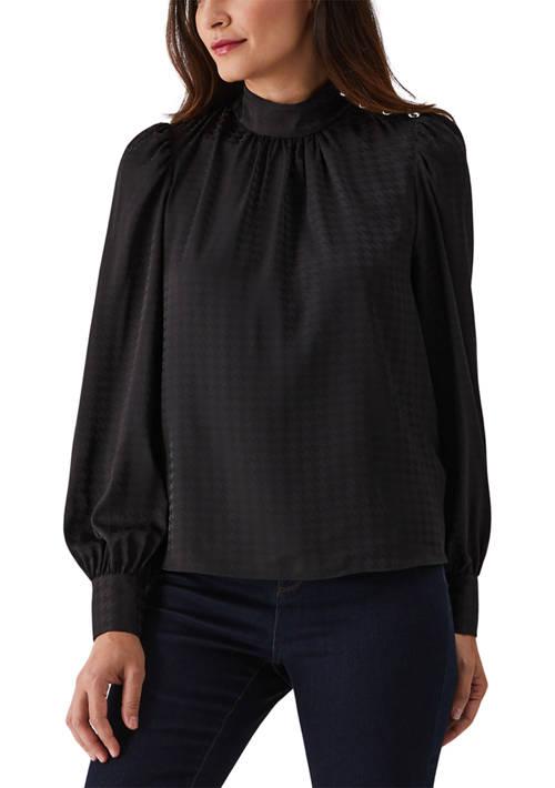 Rafaella Womens Houndstooth Button Shoulder Mock Neck Long Sleeve Blouse