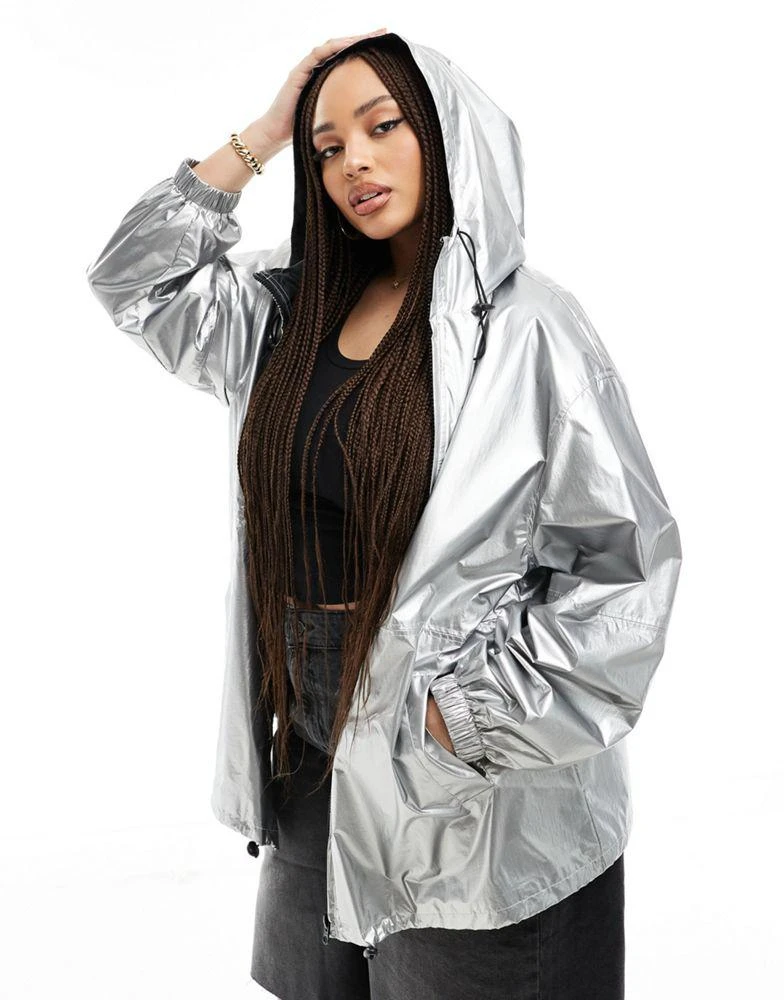 ASOS ASOS DESIGN Curve metallic rain bomber jacket in silver 1