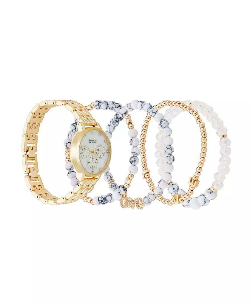 American Exchange Women's Shiny Gold Metal Alloy Band Analog Watch 31mm with Stackable Bracelets Gift Set