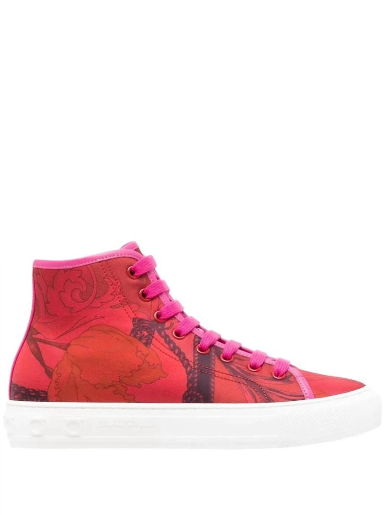 Salvatore Ferragamo Women
s Scarf-Print High-Top Trainer Sneakers In Red 1