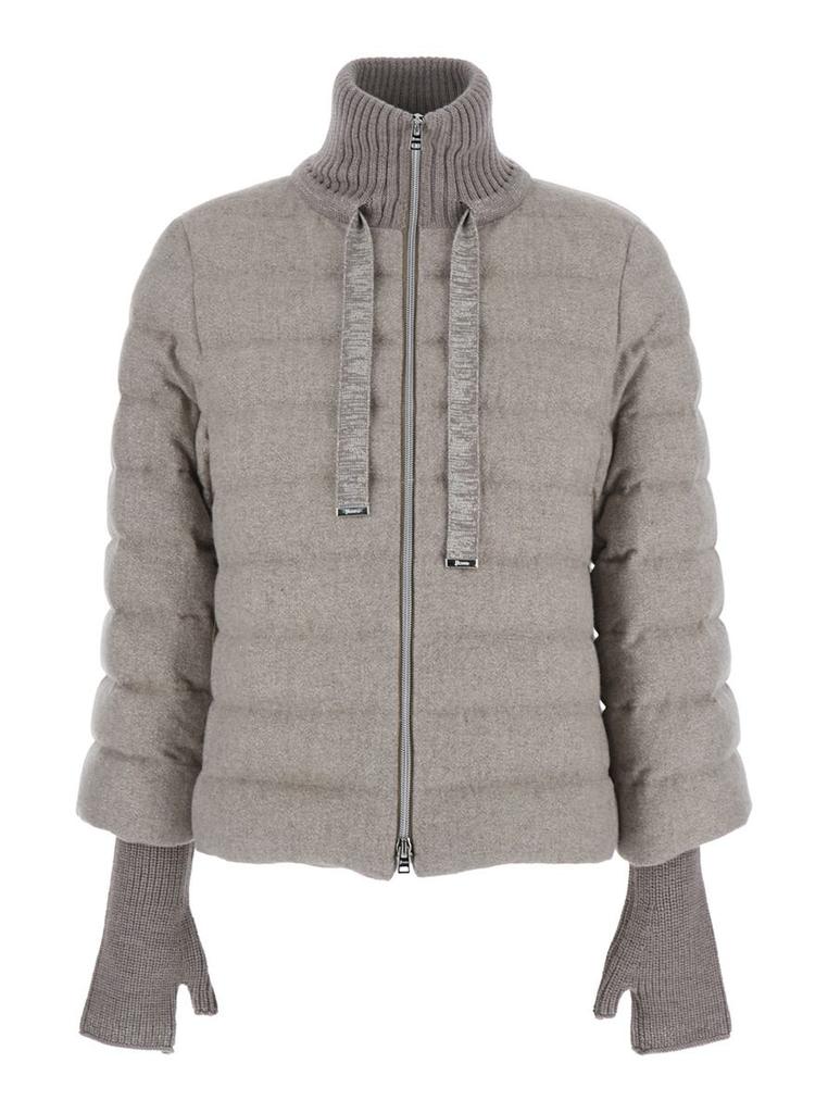 Herno Beige Down Jacket With Drawstring High  Neck And Removable Gloves In Tech Fabric Woman