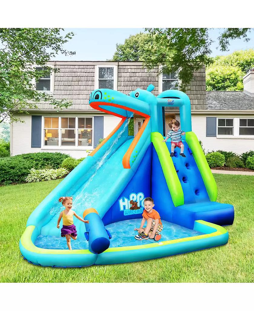Costway Inflatable Kids Hippo Bounce House Slide Climbing Wall Splash Pool w/ Bag