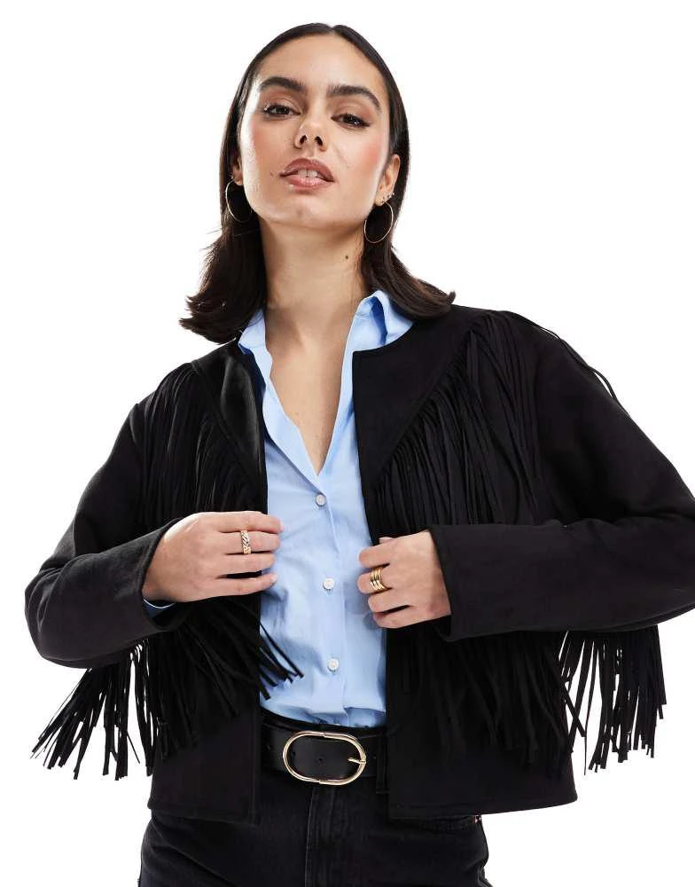 New Look New Look fringe collarless suedette jacket in black 1