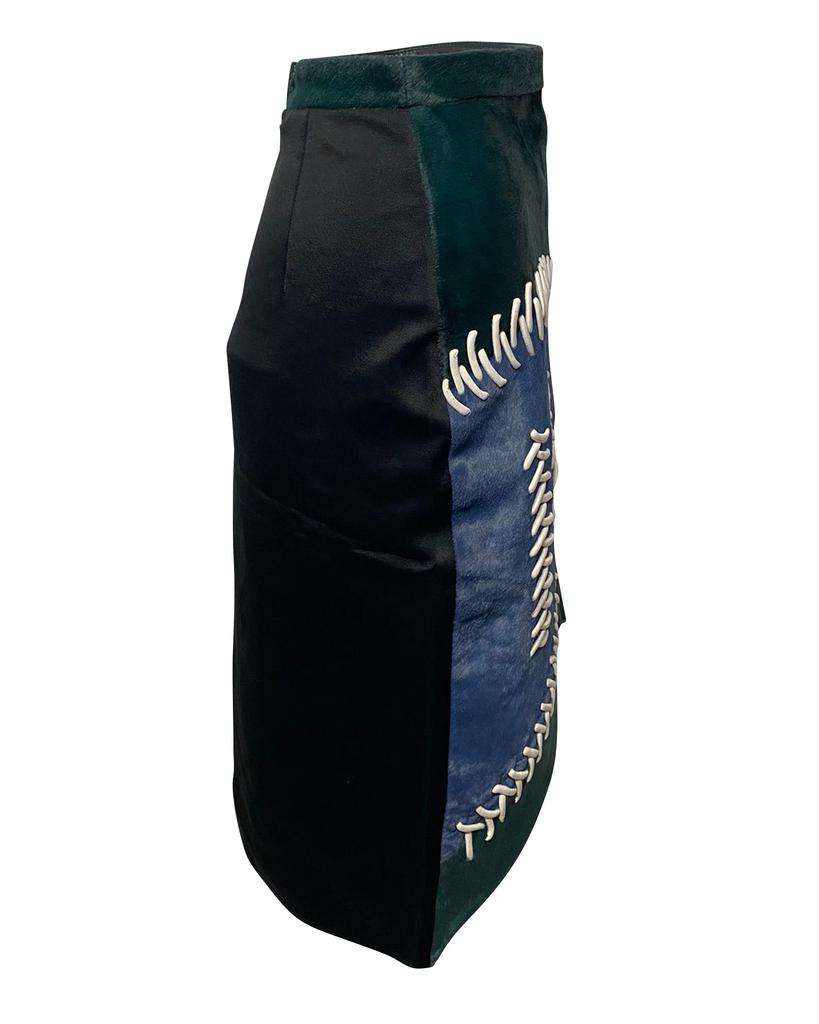 PETER PILOTTO Color Block Fur Skirt with Lace Detail in Multicolor Leather