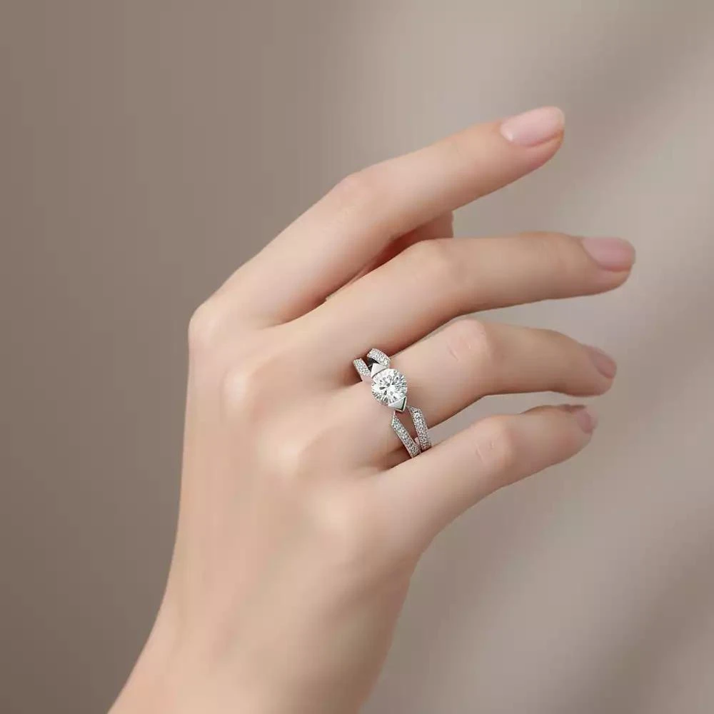 Stella Valentino Sterling Silver White Gold Plated with Lab-Grown Clear Moissanite Band Ring 2