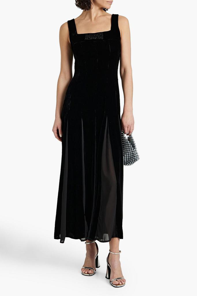 HVN Viv pleated chiffon and velvet maxi dress