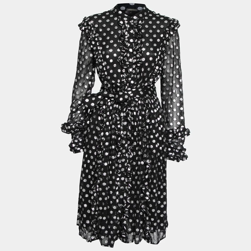 Dodo Baror Dodo Baror Black & Silver Polka Dotted Chiffon Ruffle Trimmed Belted Dress M 1