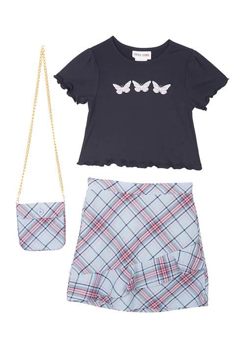 Rare Editions Editions Girls 4 6X Ribbed Knit Top And Plaid Skirt With Crossbody Bag