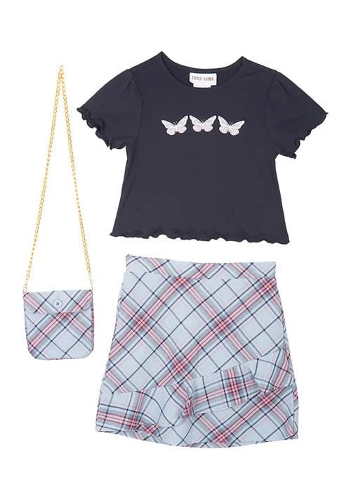Rare Editions Editions Girls 4 6X Ribbed Knit Top And Plaid Skirt With Crossbody Bag 1