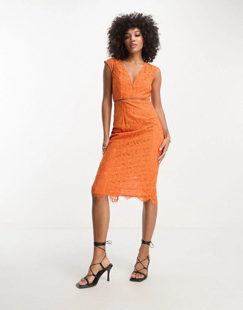 Girls on Film Girls On Film lace plunge midi dress in slate orange 1