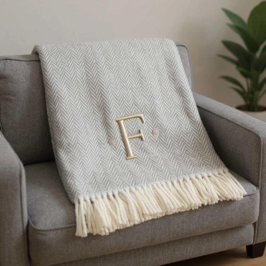 Hivvago 55" X 70" Gray And White Herringbone Cotton Blend F Initial Throw Blanket with Tassels And Embroidery 2