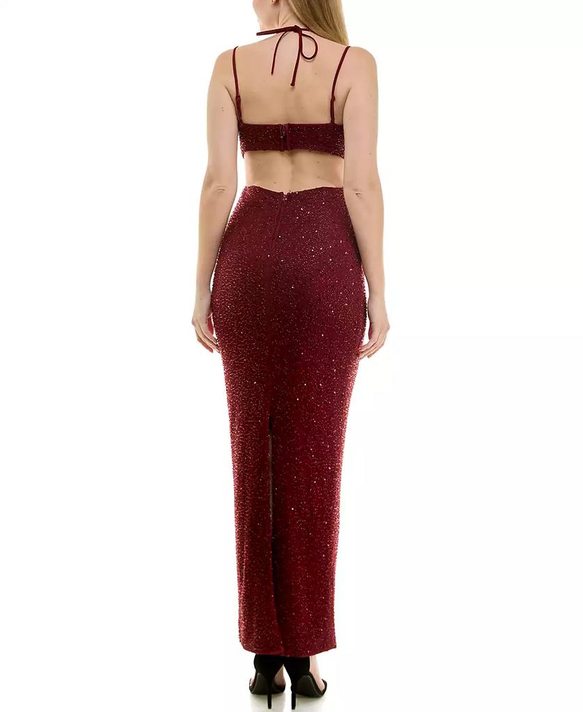 City Studios Juniors' Bead Embellished Cowlneck Sleeveless Gown