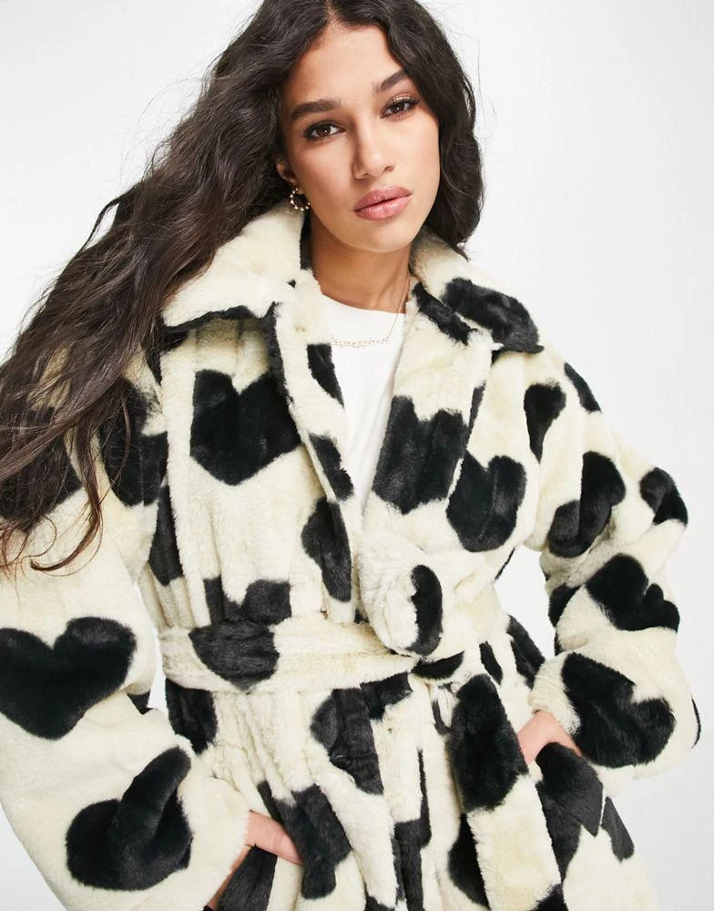 Pieces Pieces longline faux fur coat in black & white heart print 3