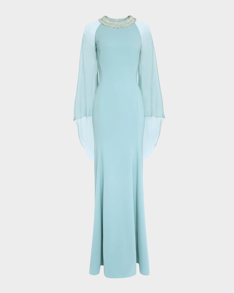 Jenny Packham Charma Crystal-Neck Flare-Sleeve Gown